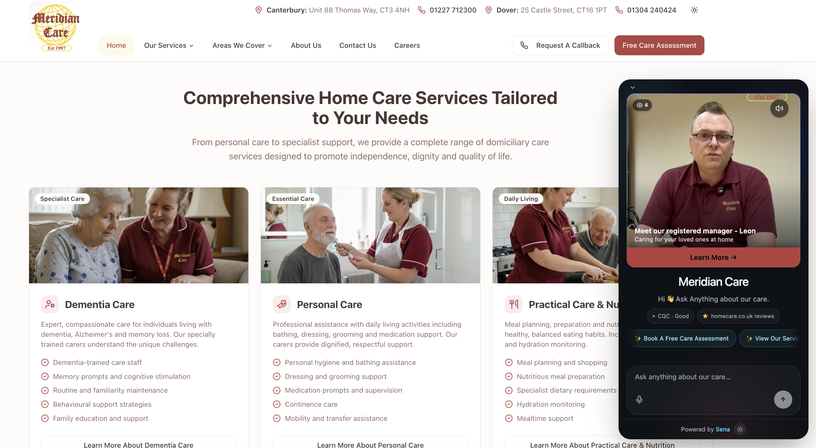 Sena running on the Meridian Care website